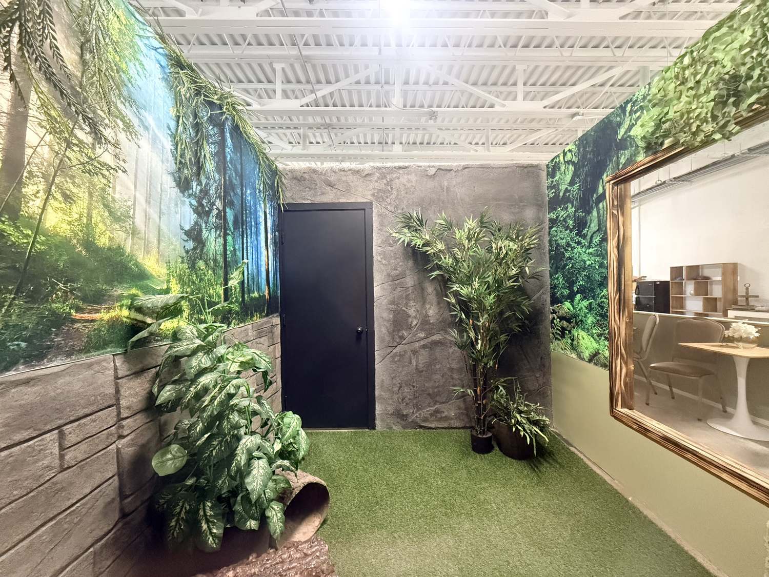 Walk-in forest habitat with murals, faux stone wall, and soft turf